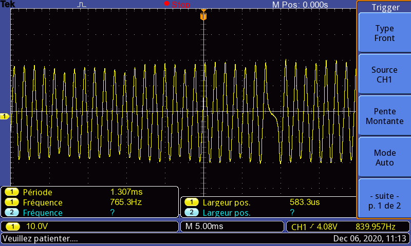 Signal d'un trigger vilebrequin inductif observé à l'oscilloscope